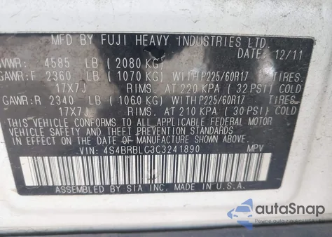 2012 Subaru Outback 2.5I Limited из США, поврежденный, VIN 4S4BRBLC3C3241890